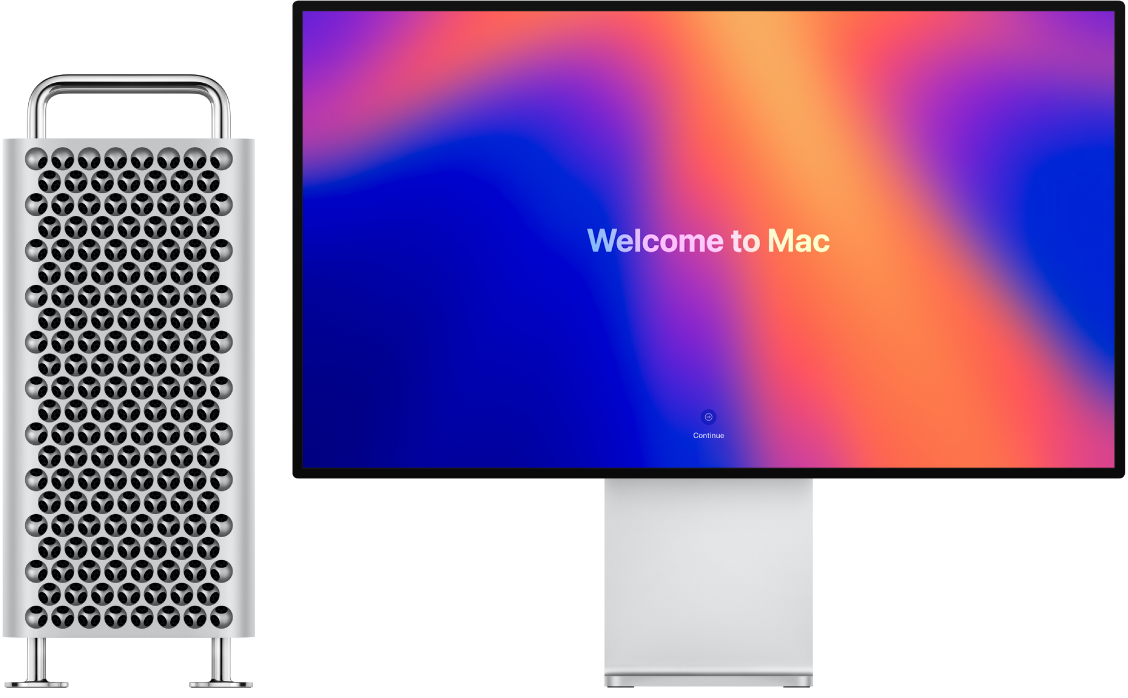 Blakus redzami Mac Pro dators un Pro Display XDR displejs ar ekrānā redzamu uzrunu “Welcome to Mac”.