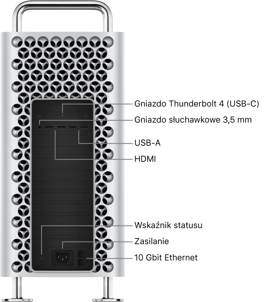 Widok z boku Maca Pro, na którym widać sześć gniazd Thunderbolt 4 (USB-C), gniazdo słuchawkowe 3,5 mm, dwa gniazda USB-A, dwa gniazda HDMI, lampkę wskaźnika statusu, gniazdo zasilania i dwa gniazda Ethernet 10 Gbit.