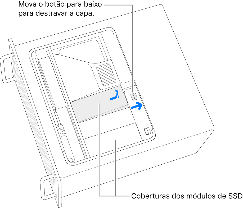 A trava está sendo movida para a direita para desbloquear a capa do SSD.