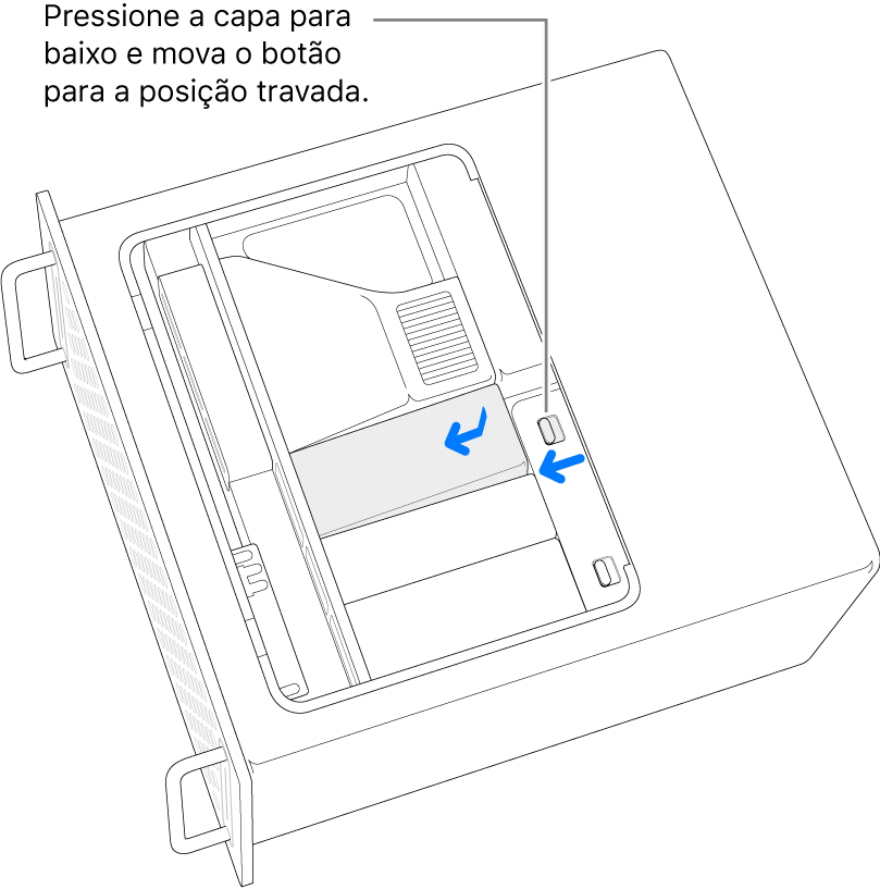 Reinstalação das capas do SSD, movendo o controle da trava para a esquerda e pressionando a capa do SSD para baixo.