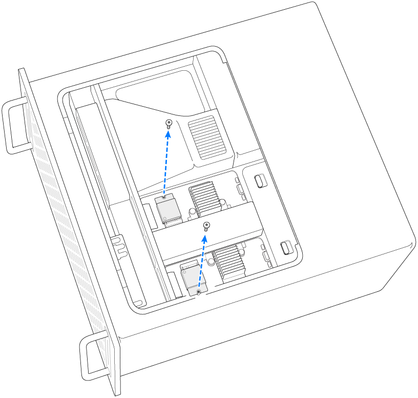 Dois parafusos a serem removidos dos módulos SSD.