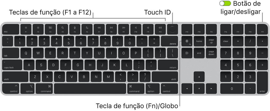 Teclado Magic Keyboard com Touch ID e teclado numérico a mostrar a linha de teclas de função e Touch ID na parte superior, e a tecla de função (Fn)/Globo à direita da tecla Delete.