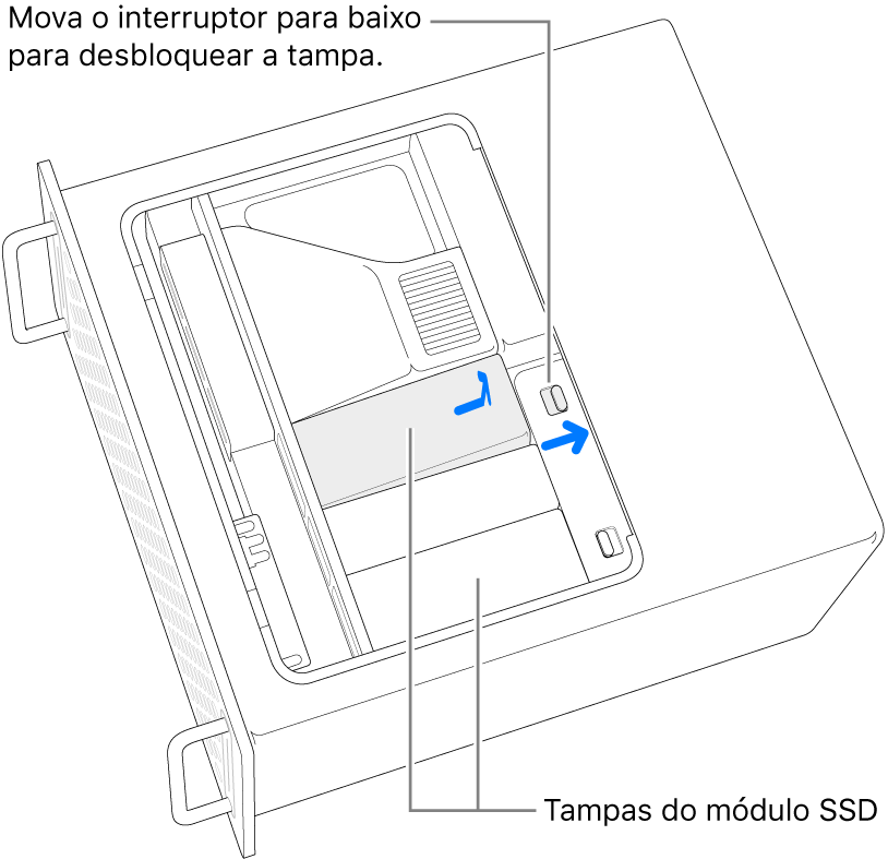 O botão está a ser movido para a direita para destrancar a tampa do SSD.