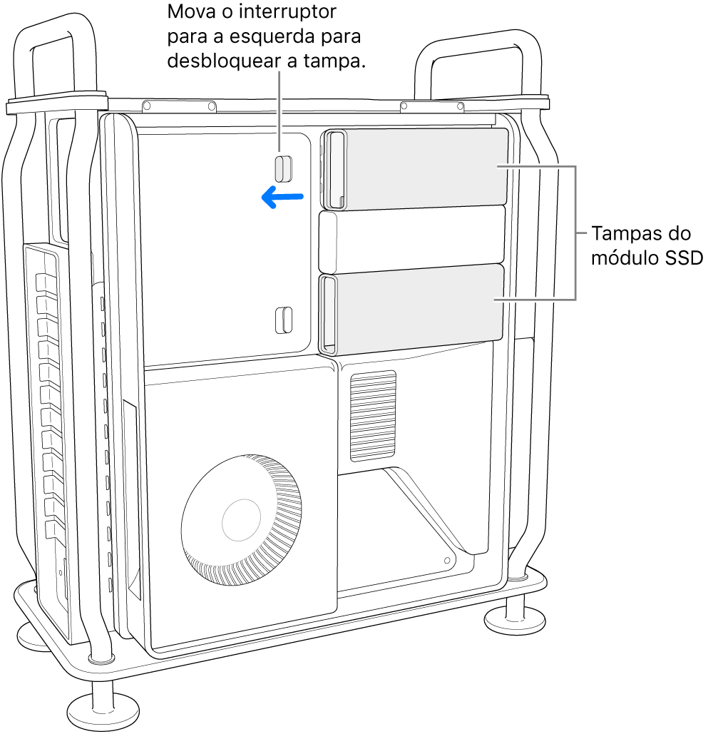 O botão está a ser movido para a esquerda para desbloquear a tampa do SSD.