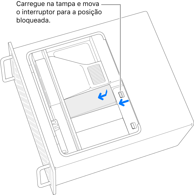 Reinstale as tampas SSD movendo o trinco para a esquerda e premindo para baixo na tampa SSD.