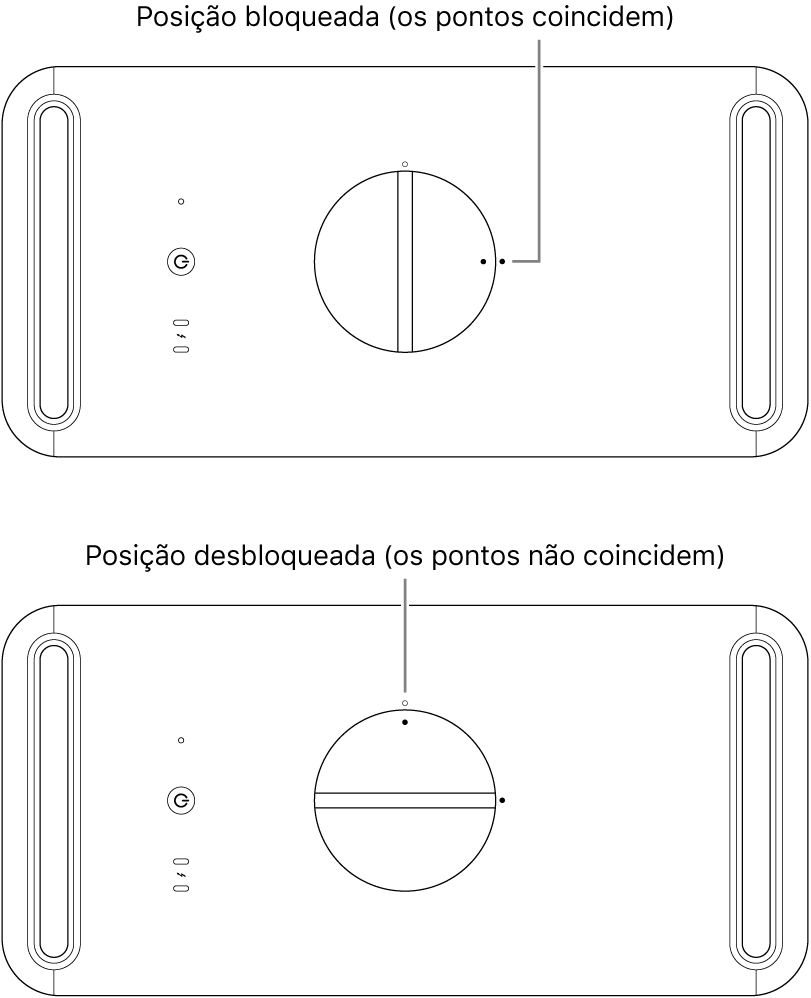 A parte superior da estrutura do computador a mostrar o trinco nas posições bloqueada e desbloqueada.