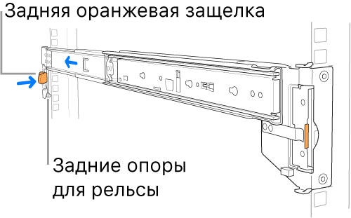 Рельса в сборе. Показано расположение задних опор и защелки.