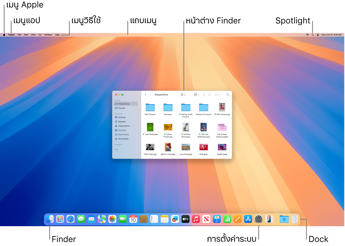 หน้าจอ Mac ที่แสดงเมนู Apple, เมนูแอป, เมนูวิธีใช้, แถบเมนู, หน้าต่าง Finder, ไอคอน Spotlight, ไอคอน Finder, ไอคอนการตั้งค่าระบบ และ Dock