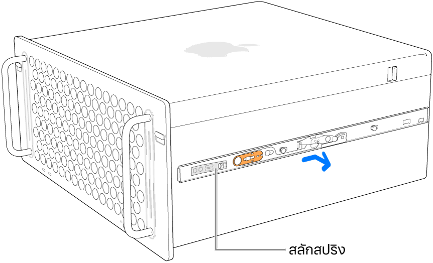 รางที่ถูกถอดออกจากด้านข้างของ Mac Pro