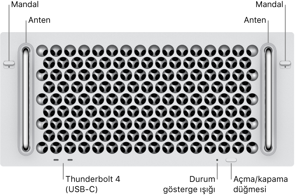 Mac Pro’nun önü; iki adet mandalı, iki adet anteni, açma/kapama düğmesini, durum göstergesi ışığını ve iki adet Thunderbolt 4 (USB-C) kapısını gösteriyor.