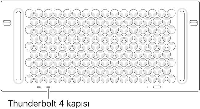 Kullanılacak doğru Thunderbolt 4 kapısının gösterildiği Mac Pro’nun üst kısmı.