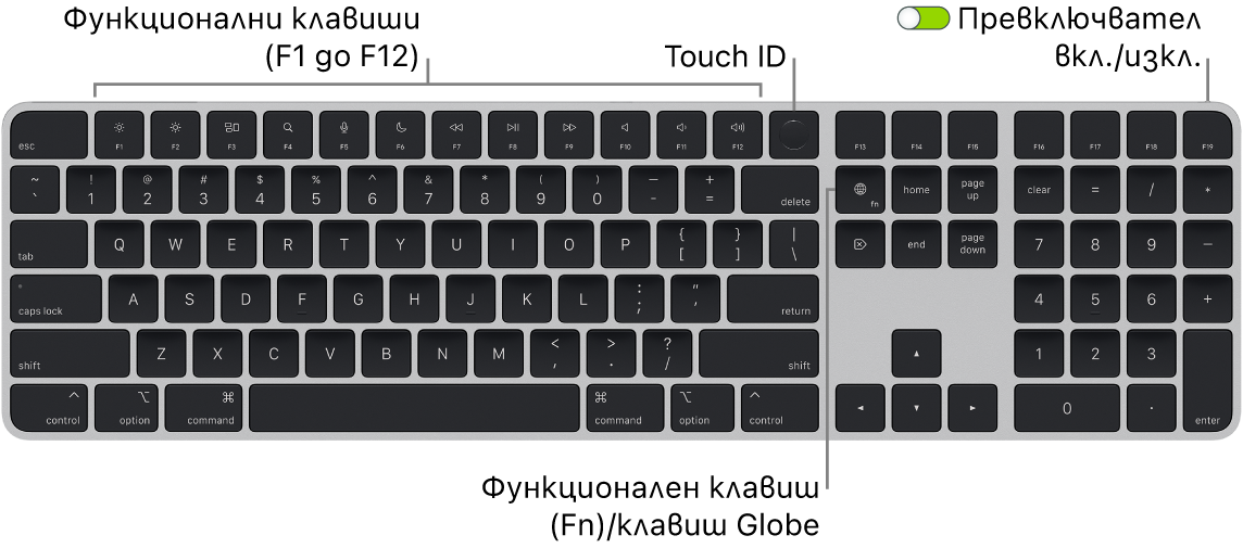 Клавиатурата Magic Keyboard с Touch ID и Numeric Keypad, която показва редицата с функционални клавиши, Touch ID в горния край и клавиша Function (Fn)/Globe вдясно от клавиша Delete.