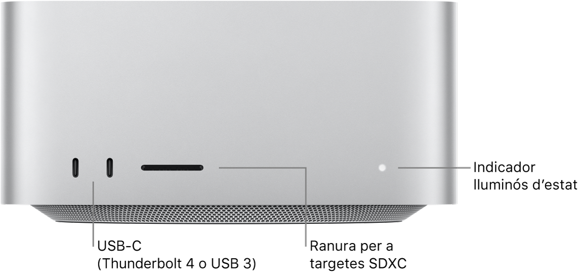 Part de davant del Mac Studio en què es veuen dos ports USB-C, la ranura per a targetes SDXC i l’indicador lluminós d’estat.