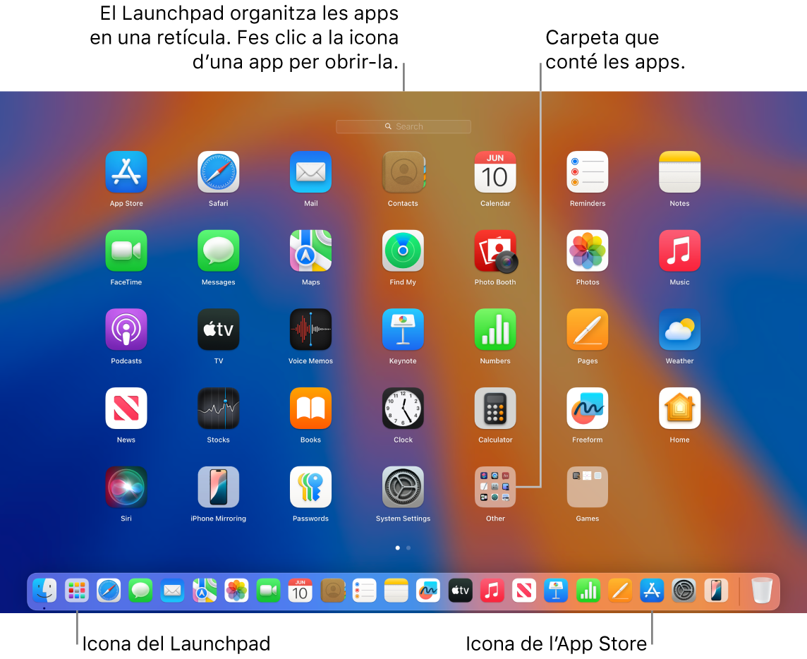 La icona del Launchpad que hi ha al Doc i una finestra oberta del Launchpad que mostra diverses apps disposades en una retícula a la pantalla del Mac.