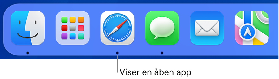 En del af Dock, hvor der er en sort prik under de åbne apps.