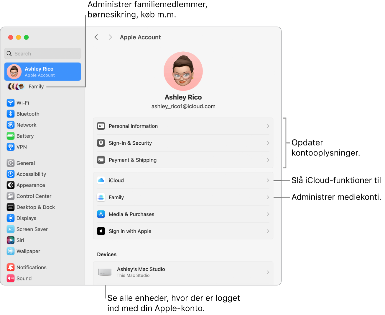 Indstillingerne til Apple-konto i Systemindstillinger med billedforklaringer til at opdatere kontooplysninger, slå iCloud-funktioner til og fra, administrere mediekonti samt Familie, hvor du kan administrere familiemedlemmer, børnesikring, køb m.m..