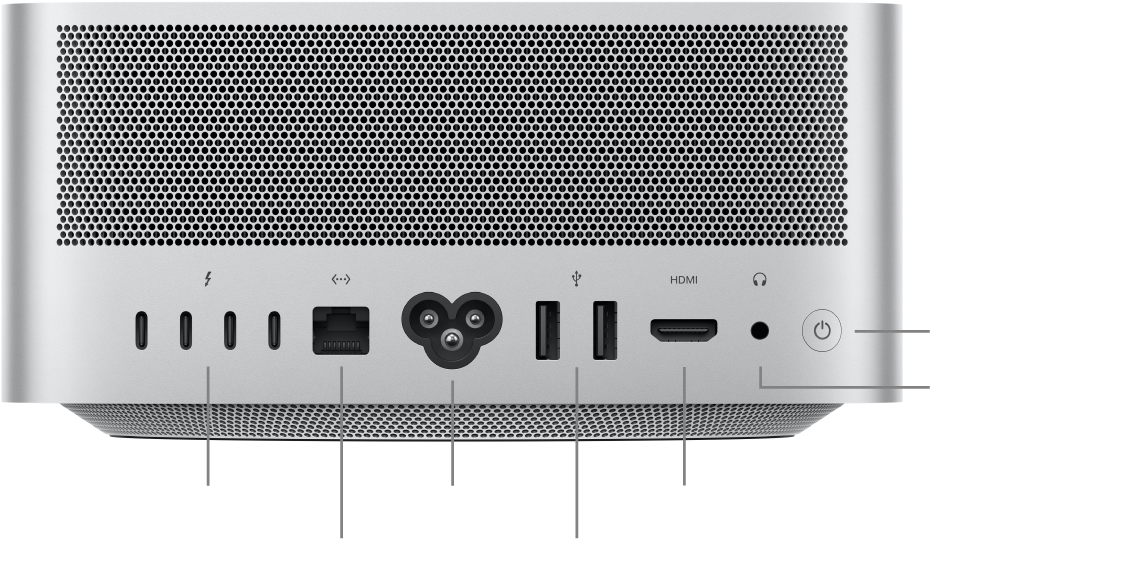 The back of Mac Studio showing four Thunderbolt 4 (USB-C) ports, the Gigabit Ethernet port, the power port, two USB-A ports, the HDMI port, 3.5 mm headphone jack, and the power button.