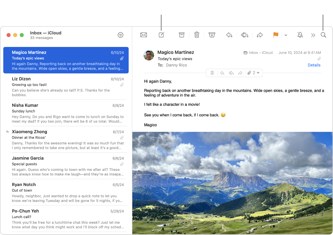 A Mail window showing the list of messages next to the sidebar, and the contents of the selected message on the right. A callout points to the search field.