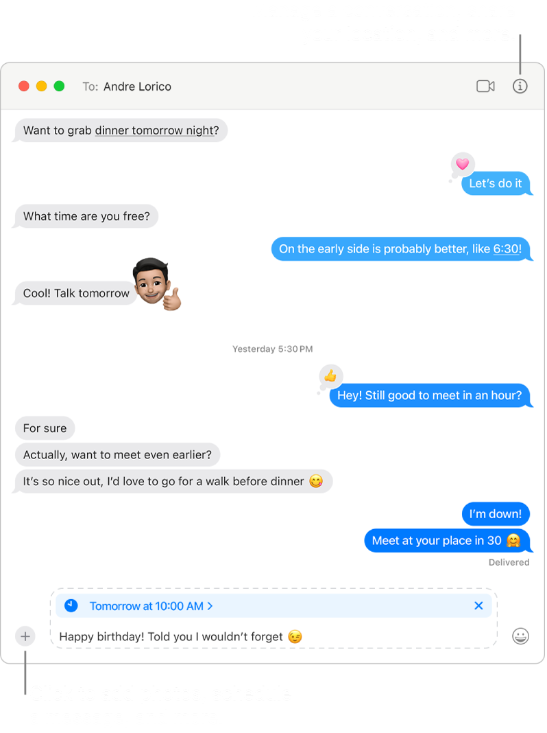 A Messages window showing a conversation. A message is scheduled to send Tomorrow at 10:00 am. The message reads, “Happy birthday! Told you I wouldn’t forget.”