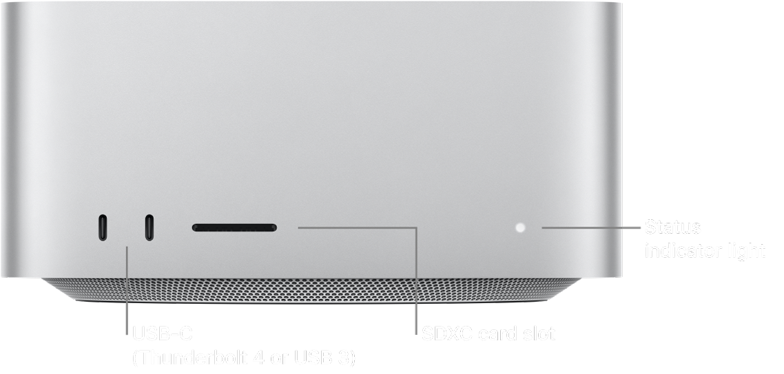 The front of Mac Studio showing two USB-C ports, the SDXC card slot, and the status indicator light.