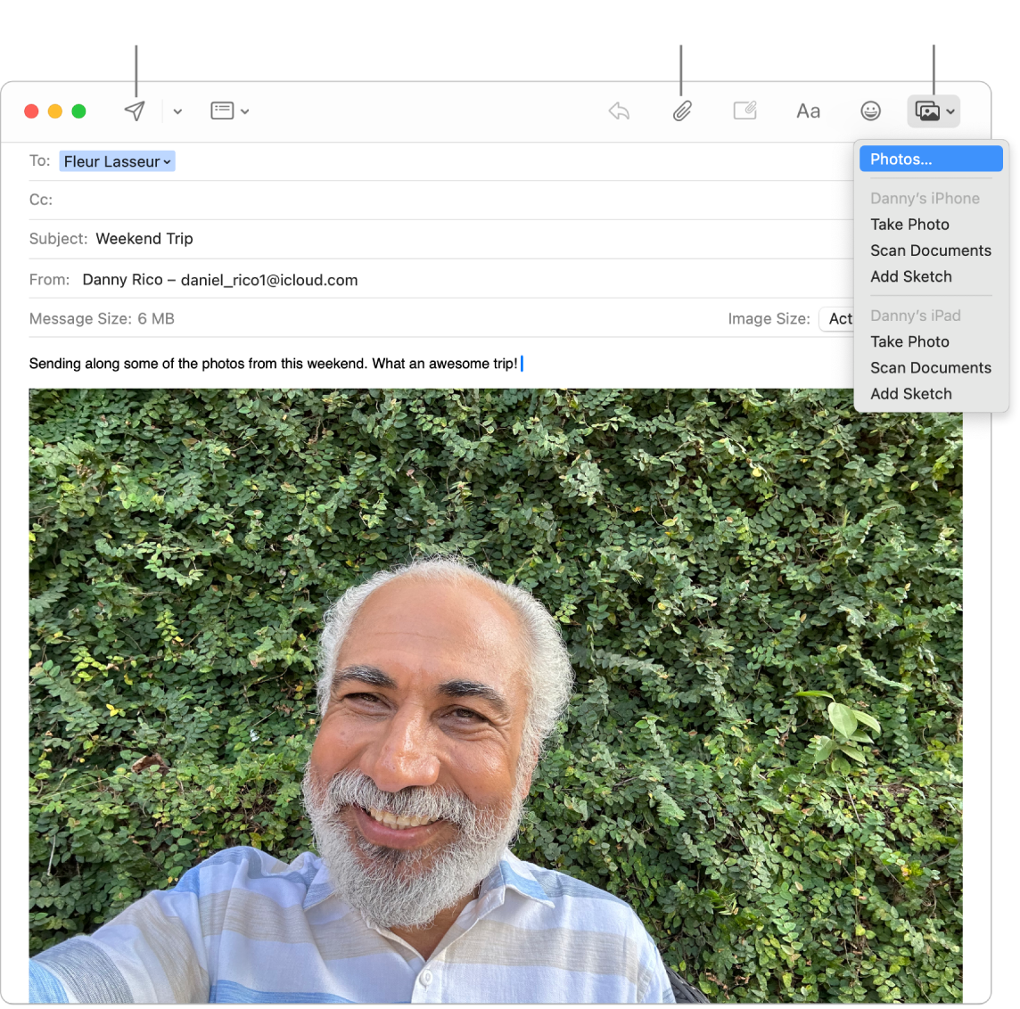 A Mail window showing a new message being drafted. The pop-up menu shows options to attach photos, or take a photo, scan a document, or add a sketch from Danny’s iPhone or iPad.