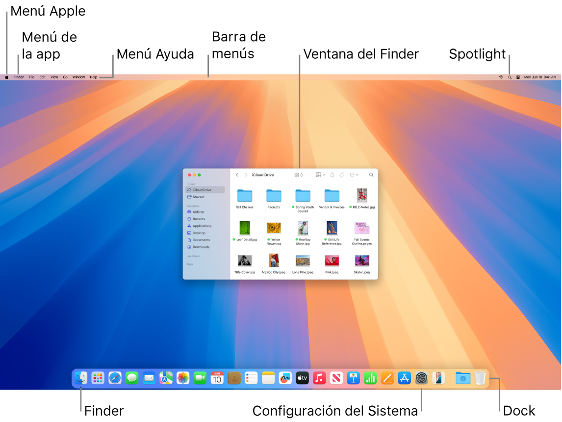 La pantalla de una Mac mostrando el menú Apple, el menú App, el menú Ayuda, la barra de menús, una ventana del Finder, el ícono de Spotlight, el ícono del Finder, el ícono de Configuración del Sistema y el Dock.