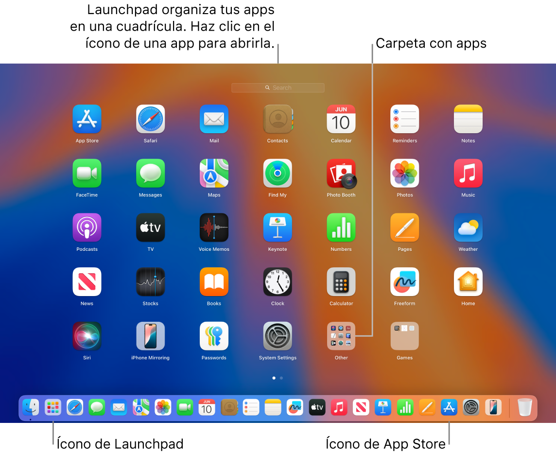 La pantalla de la Mac con el Launchpad abierto, mostrando una carpeta de apps en el Launchpad y los íconos del Launchpad y de App Store en el Dock.