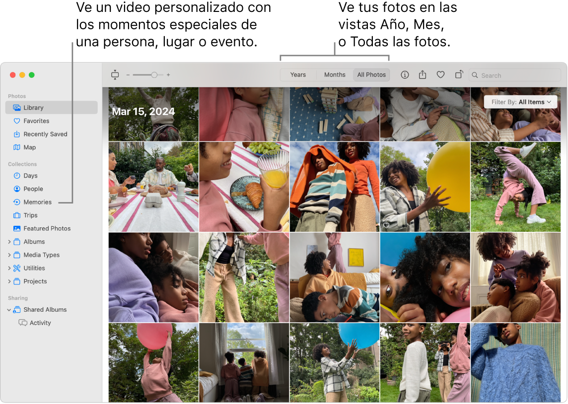 Una ventana de Fotos mostrando la función Recuerdos en la barra lateral izquierda; y en la parte superior de la ventana de Fotos, el menú desplegable que te permite explorar las fotos en tu álbum organizadas por día, mes y año.