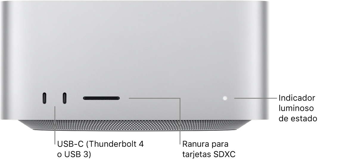 La parte frontal de la Mac Studio mostrando dos puertos USB-C, la ranura para tarjetas SDXC, y el indicador luminoso de estado.