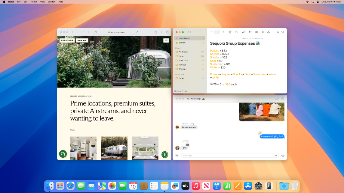 Un Mac muestra las apps Safari, Notas y Mensajes.