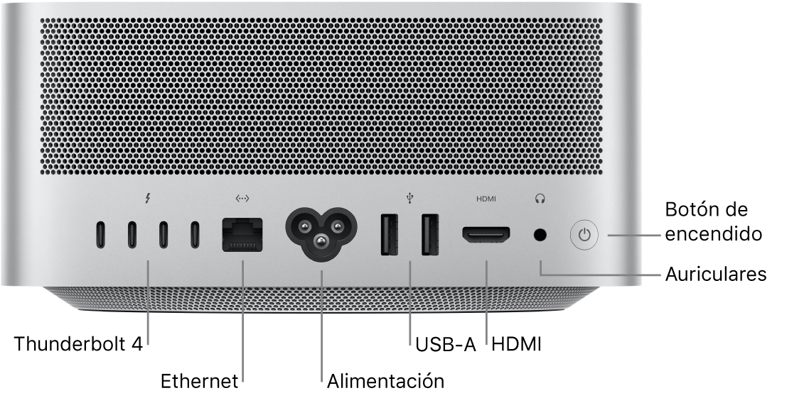 Parte posterior del Mac Studio con cuatro puertos Thunderbolt 4 (USB-C), el puerto Ethernet Gigabit, el puerto de alimentación, dos puertos USB A, el puerto HDMI, el conector para auriculares de 3,5 mm y el botón de encendido.