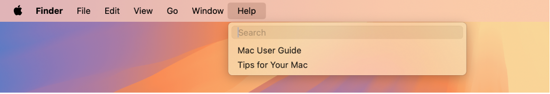 Osaline töölaud koos avatud Help-menüüga, kus kuvatakse funktsioonide Search ja macOS Help menüüvalikuid.