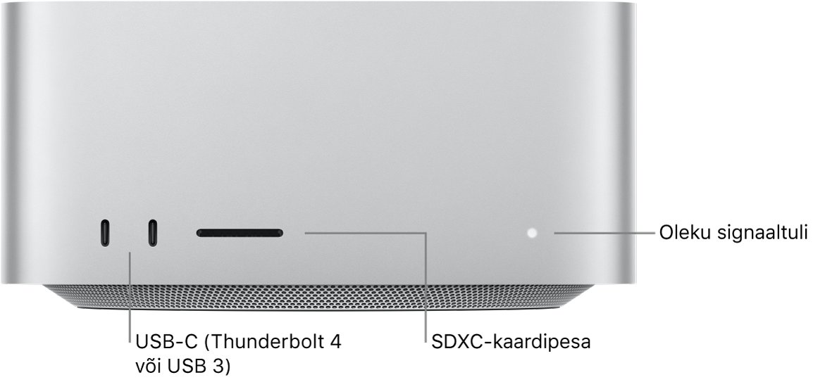 Mac Studio esiküljel on kaks USB-C porti, SDXC-kaardipesa ning oleku indikaatortuli.