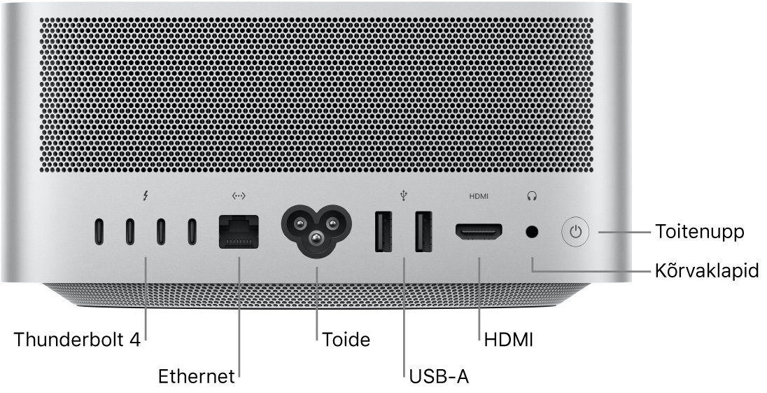 Mac Studio tagaküljel olevad neli Thunderbolt 4 (USB-C) porti, Gigabit Etherneti port, toiteport, kaks USB-A-porti, HDMI-port, 3,5 mm kõrvaklappide pesa ning toitenupp.