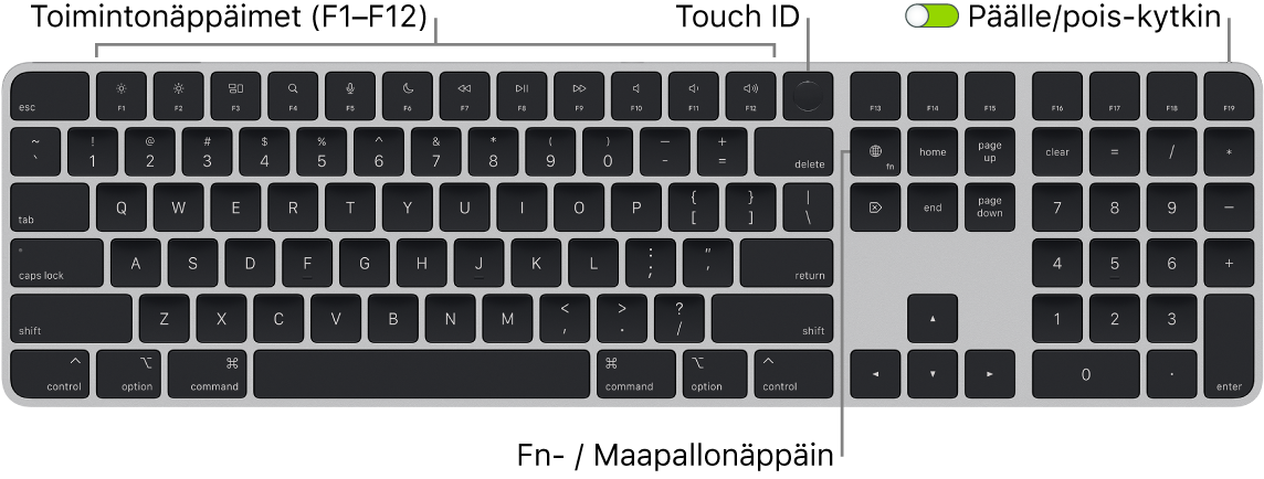 Touch ID:llä ja numeronäppäimistöllä varustettu Magic Keyboard, jossa on rivi toimintonäppäimiä ja Touch ID yläreunassa sekä fn-/maapallonäppäin poistonäppäimen oikealla puolella.