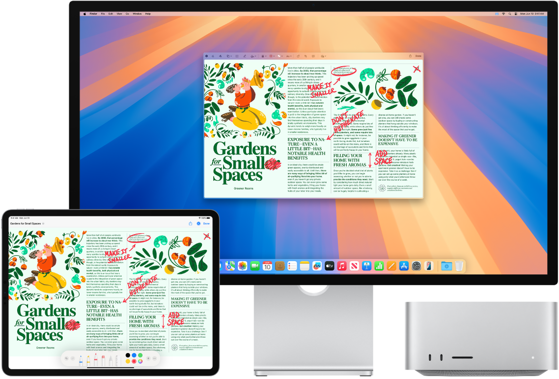 Un Mac Studio et un iPad côte à côte. Les deux écrans affichent un article couvert de modifications manuscrites en rouge, telles que des phrases barrées, des flèches et des mots ajoutés. L’iPad montre également des commandes d’annotation au bas de l’écran.