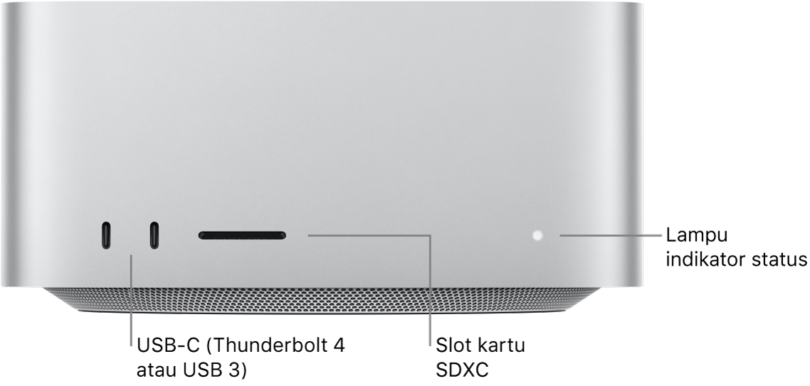 Bagian depan Mac Studio menampilkan dua port USB-C, slot kartu SDXC, dan lampu indikator status.