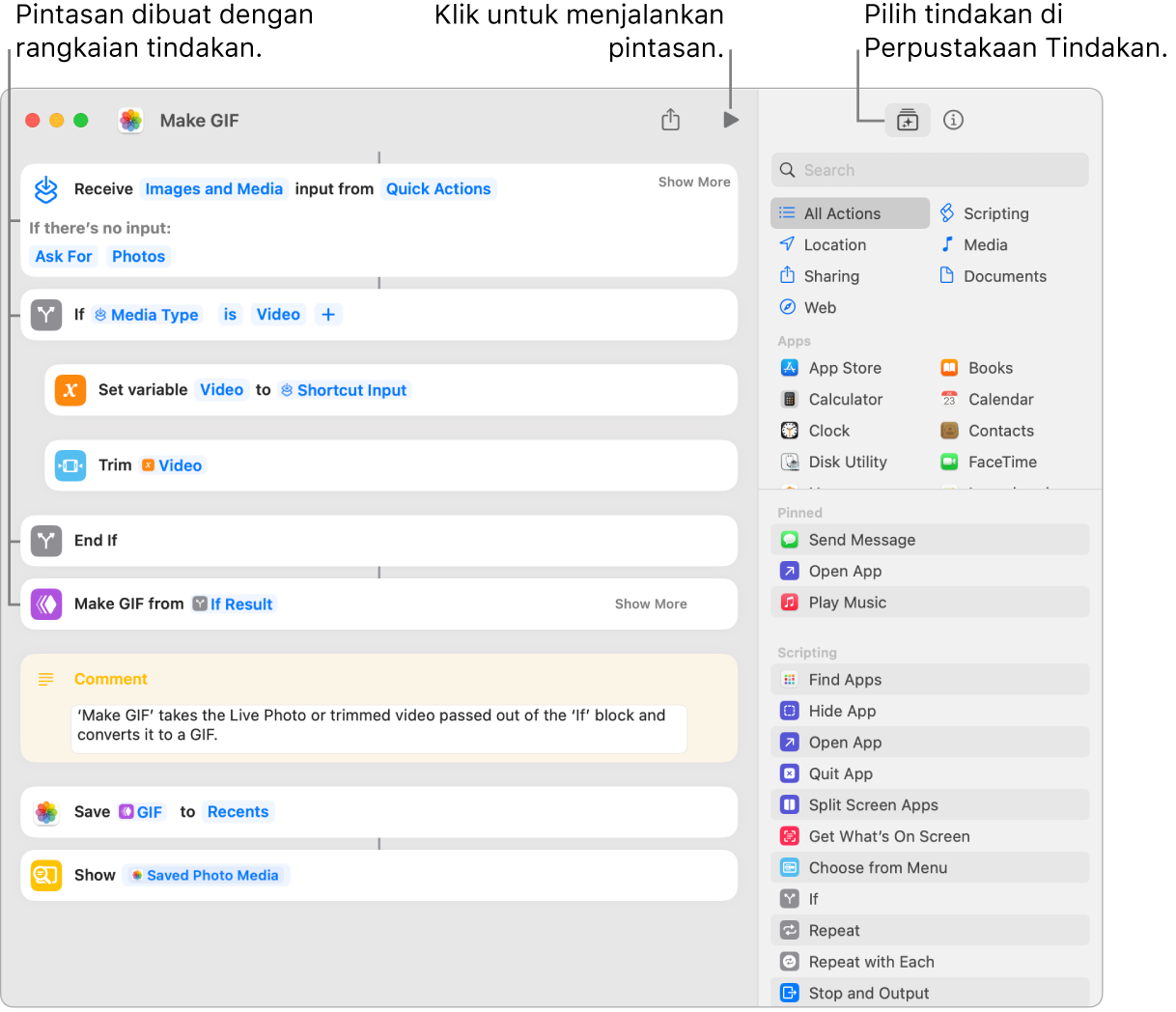 Editor pintasan Jadikan GIF di sebelah kiri dan Perpustakaan Tindakan di sebelah kanan.