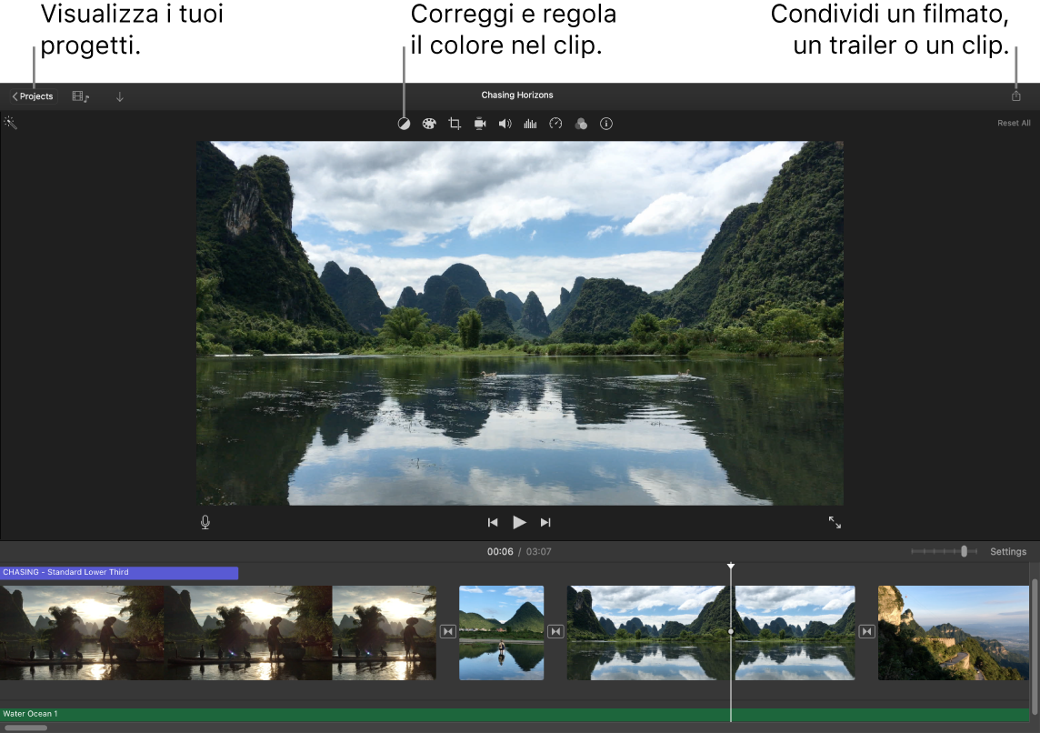 Una finestra di iMovie che mostra i pulsanti per visualizzare i progetti, correggere e regolare i colori e condividere i filmati, i trailer e i clip filmati.