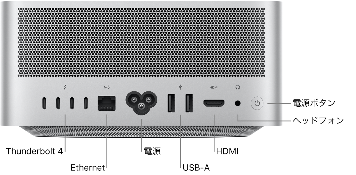 Mac Studioの背面。4つのThunderbolt 4（USB-C）ポート、ギガビットEthernetポート、電源ポート、2つのUSB-Aポート、HDMIポート、3.5 mmのヘッドフォンジャック、電源ボタンが示されています。