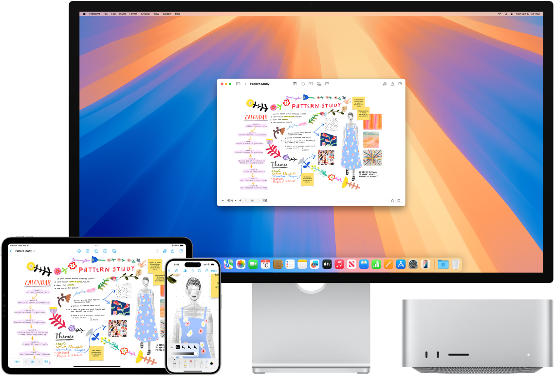 同じフリーボードのボードが表示されているMac、iPhone、およびiPad。