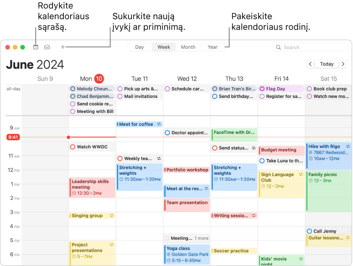 „Calendar“ langas, kuriame rodomi visi įvykiai ir tai savaitei suplanuoti priminimai. Rodyklės nurodo mygtukus, kuriuos paspaudus rodomas kalendoriaus sąrašas, sukuriamas įvykis arba priminimas, o rodinys pakeičiamas į „Diena“, „Savaitė“, „Mėnuo“ arba „Metai“.