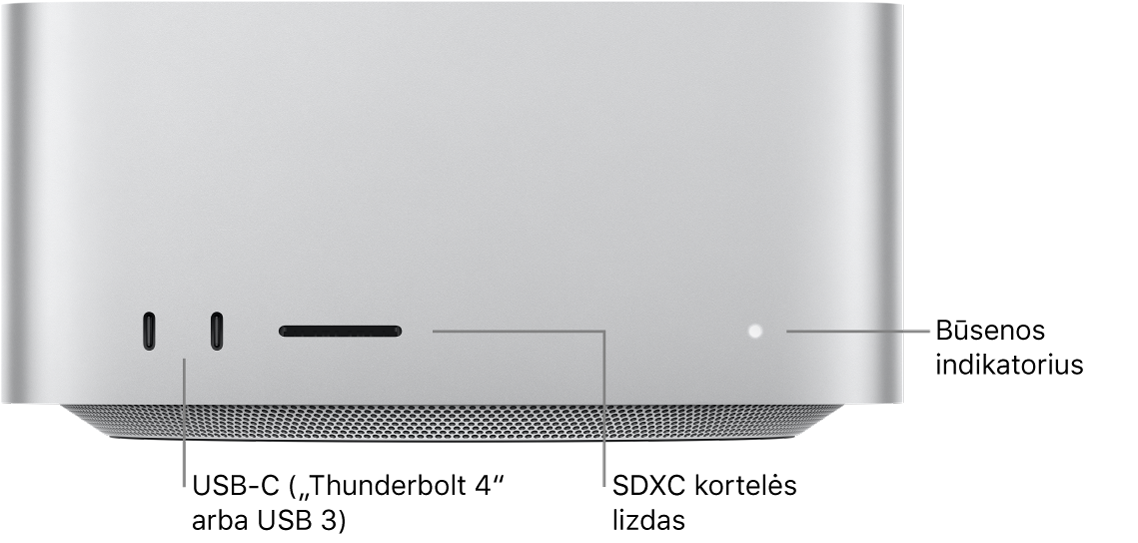 Priekinė „Mac Studio“ pusė, kurioje matosi du USB-C prievadai, SDXC kortelės lizdas ir būsenos indikatoriaus lemputė.