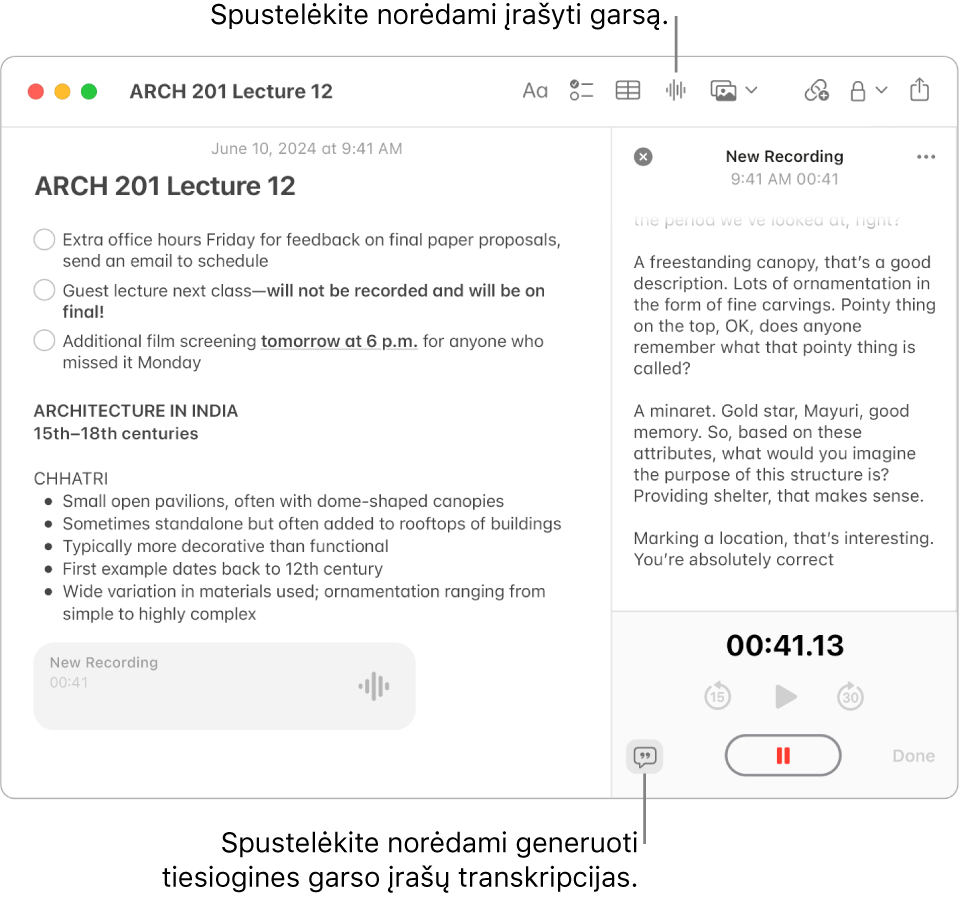 „Notes“ langas, kuriame rodoma pastaba su kontroliniu sąrašu, sąrašu su ženkleliais ir garso įrašu. Atidarytas „Garso įrašo informacijos“ langas ir rodoma garso įrašo transkripcija.