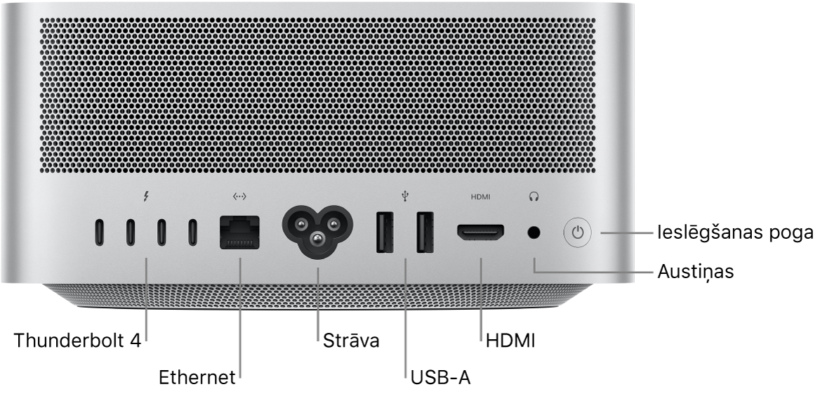 Mac Studio datora aizmugure, kur redzami Thunderbolt 4 (USB-C) porti, Gigabit Ethernet ports, barošanas ports, divi USB-A porti, HDMI ports, 3,5 mm austiņu ligzda un ieslēgšanas poga.