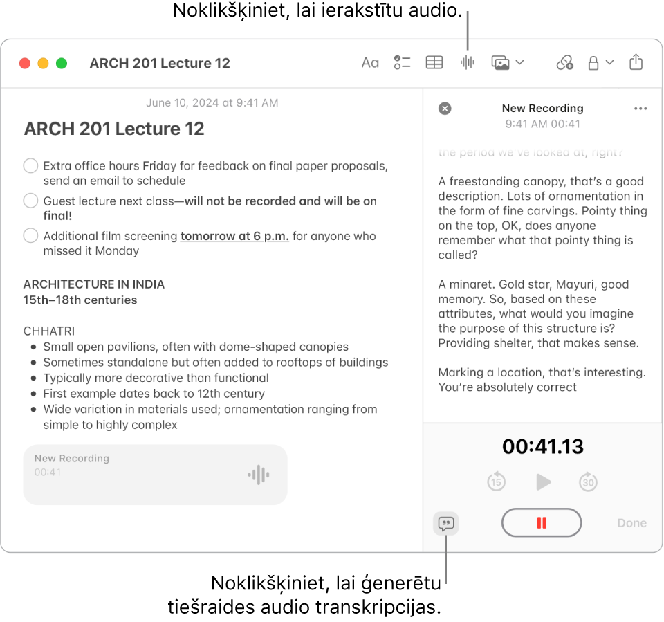 Lietotnes Notes logs, kurā redzams kontrolsaraksts, saraksts ar aizzīmēm un audio ieraksts. Logs ar audio informāciju ir atvērts, un tajā tiek rādīta audioieraksta transkripcija.