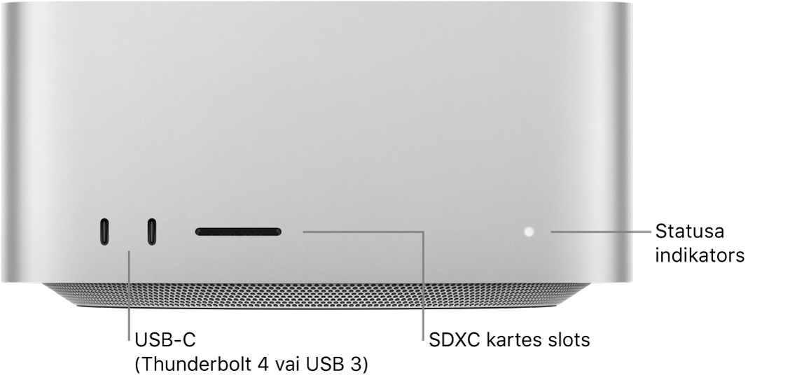 Mac Studio priekšpuse, kur redzami divi USB-C porti, SDXC kartes slots un statusa indikators.