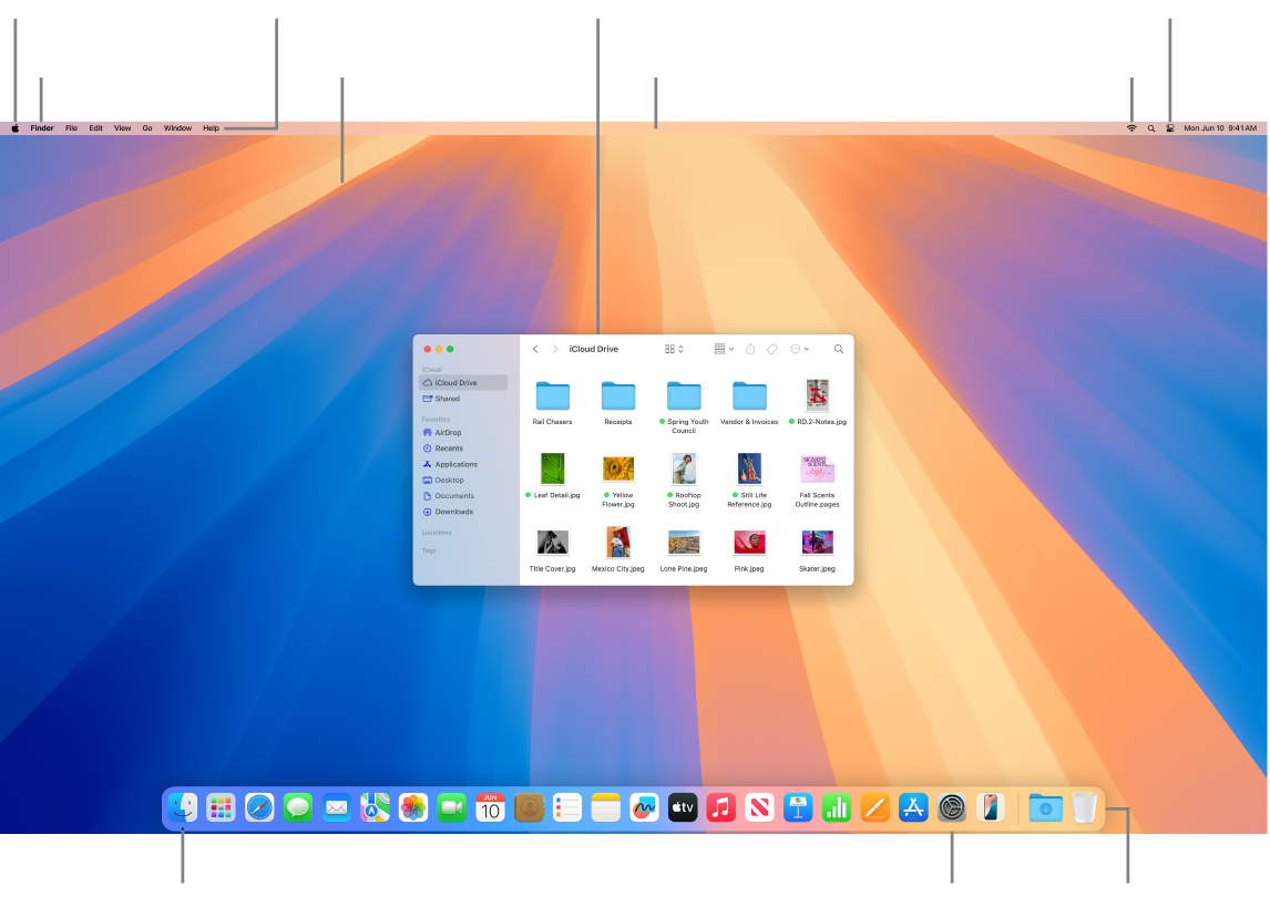 Mac-scherm met het Apple-menu, het appmenu, het Help-menu, het bureaublad, de menubalk, een Finder-venster, het wifisymbool, het bedieningspaneelsymbool, het Finder-symbool, het Systeeminstellingen-symbool en het Dock.