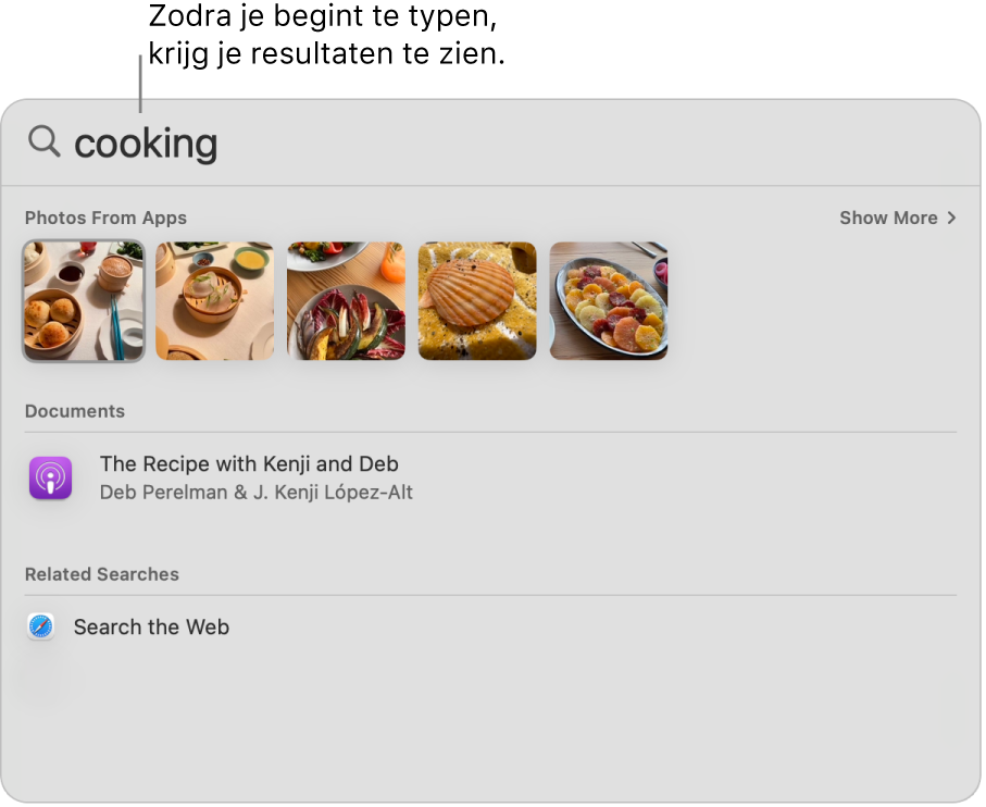 Het Spotlight-venster met zoekresultaten voor de opgegeven zoekterm.