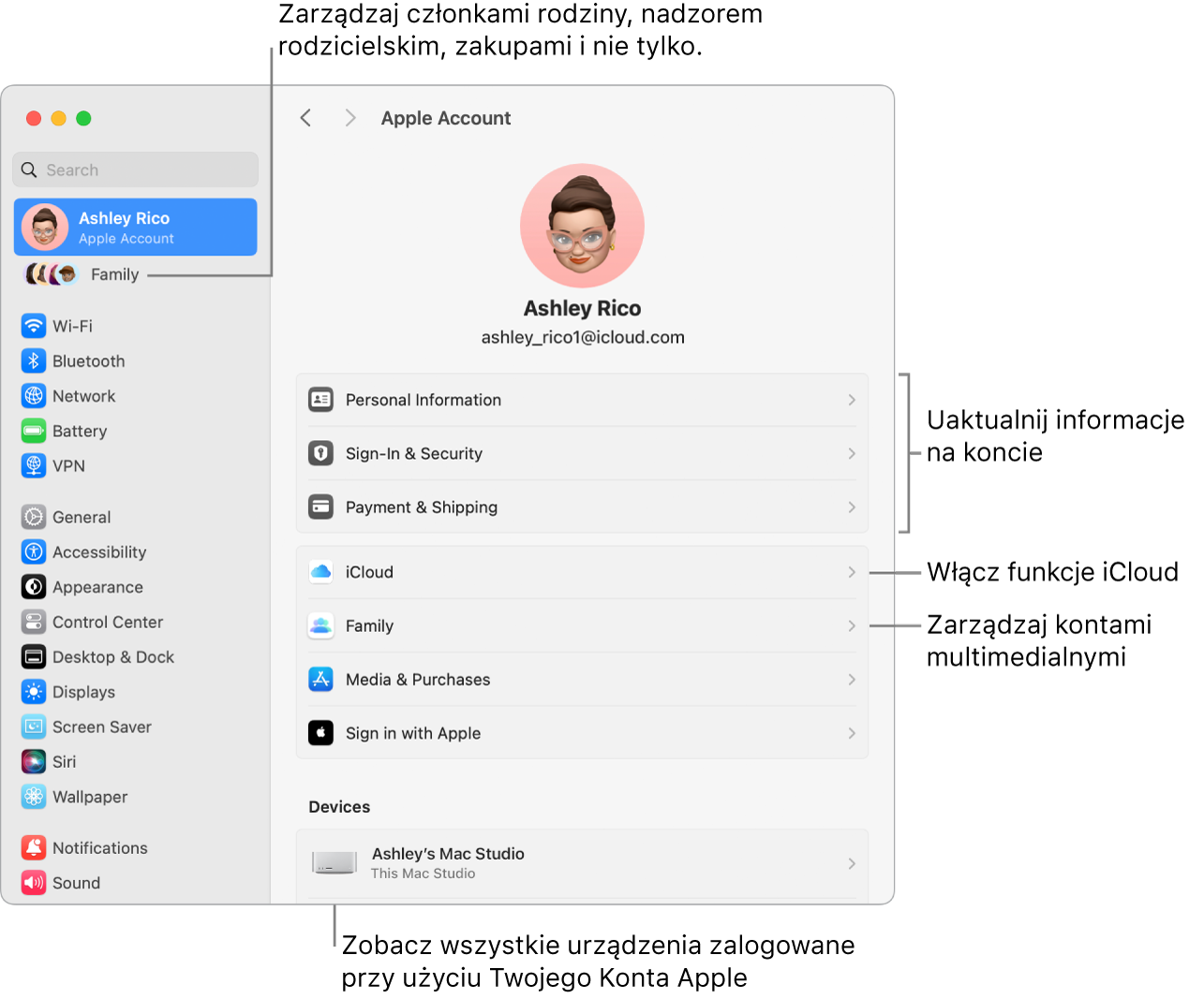 Ustawienia konta Apple w Ustawieniach systemowych z dymkami pomocy o uaktualnieniu danych konta, włączaniu lub wyłączaniu funkcji iCloud, zarządzaniu kontami multimedialnymi, oraz chmurą rodzinną, gdzie możesz zarządzać ustawieniami członków rodziny, nadzorem rodzicielskim, zakupami i nie tylko..